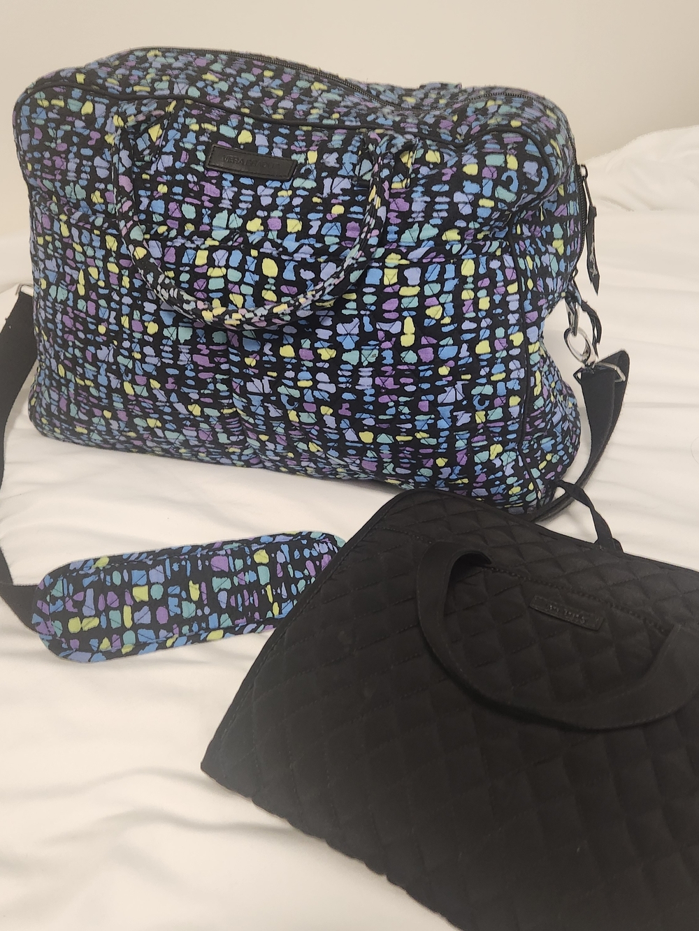 Vera Bradlet Quilted Xl Weekeder Tote And Black Hanging Travel Makeup Bag.